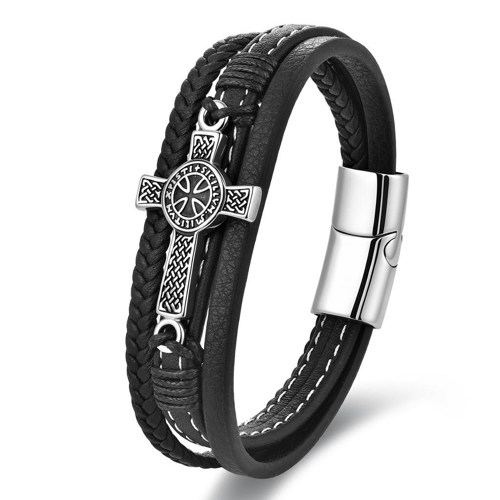 Cross Leather Rope Cowhide Men's Double Layer, Bracelet Braided Bracelet Handmade Multilayer Leather Bracelet