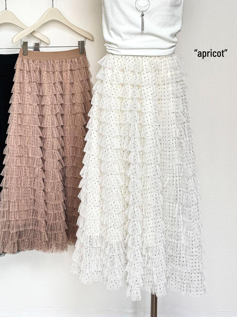 Polka Dot Mesh Fairy Fluffy Long Skirt - 2026 Spring/Summer High Waist A-line Layered Skirt for Women