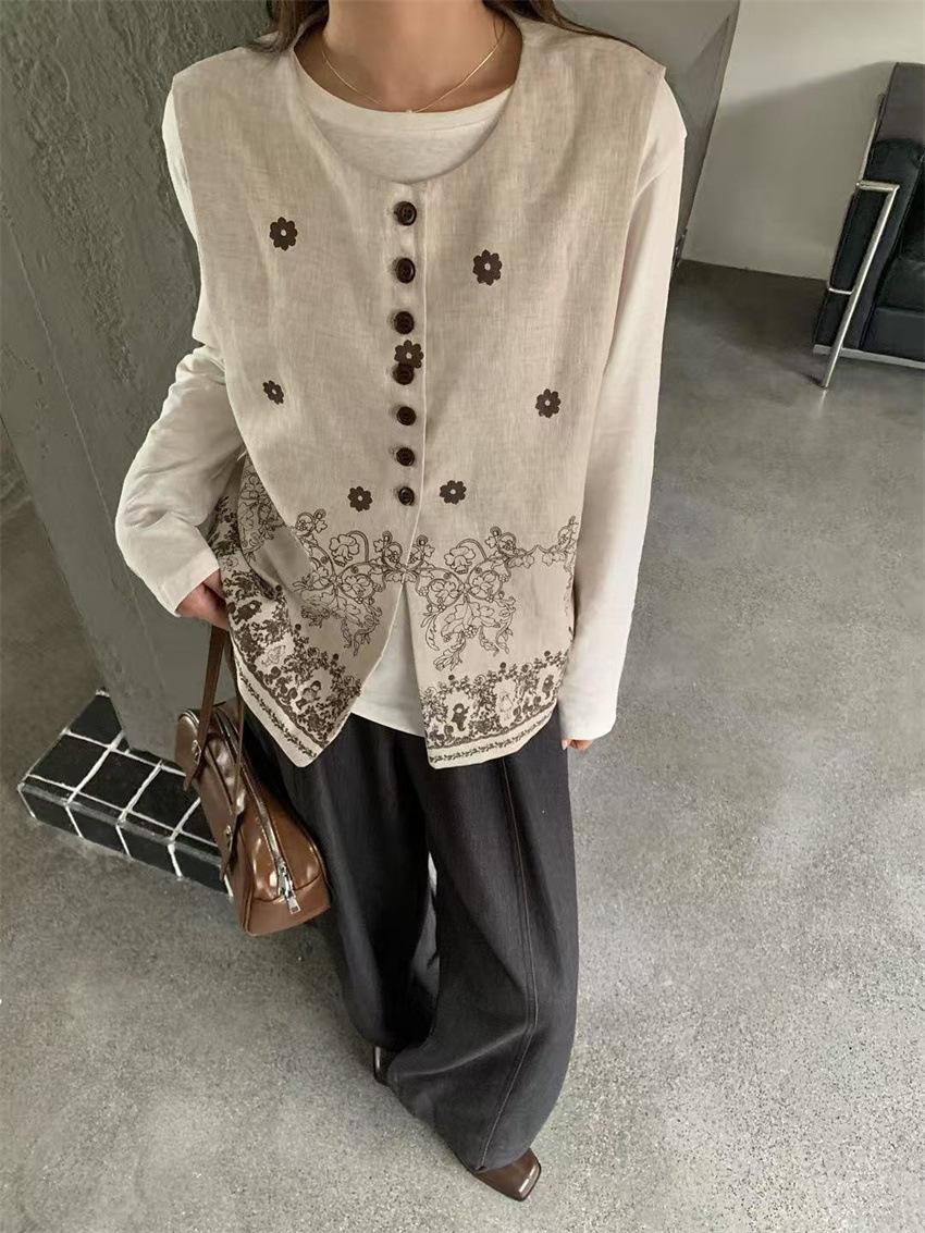 

Johnature Bohemian Round Neck Printed Loose Vest For Women Versatile Casual Sleeveless Coat L бежевый