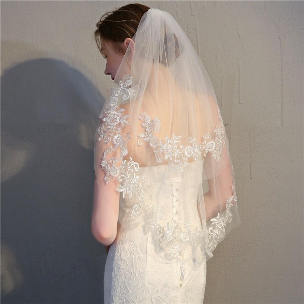 Elegant White Lace Wedding Veil 2 Tier Waist Length Lace Veil with Comb Soft Tulle Bride Veil