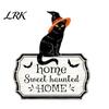 2D Flat Wood Sign Halloween Hanging Door Sign, Cute Cat Wooden Front Pet Name Tag Hanger with Hemp Rope for Porch Wall Indoor Home Decor