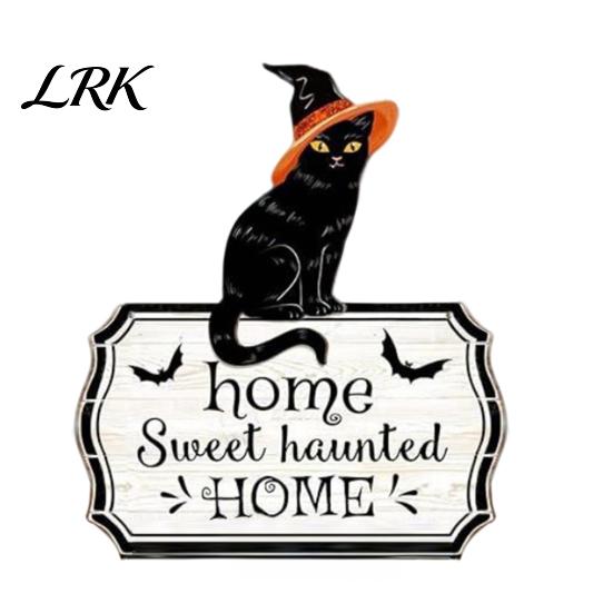 2D Flat Wood Sign Halloween Hanging Door Sign, Cute Cat Wooden Front Pet Name Tag Hanger with Hemp Rope for Porch Wall Indoor Home Decor