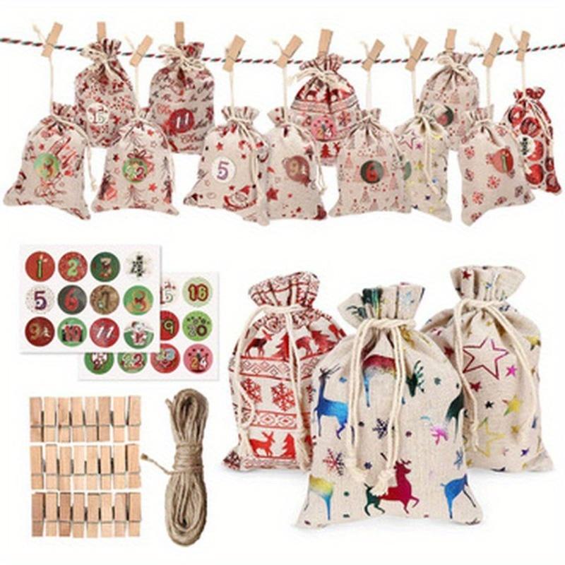 

Christmas Advent Calendar 24Days Countdown Bag Hanging Candy Gift Sacks Pouch With Clips Stickers Rope Home Christmas Decoration 10x14cm