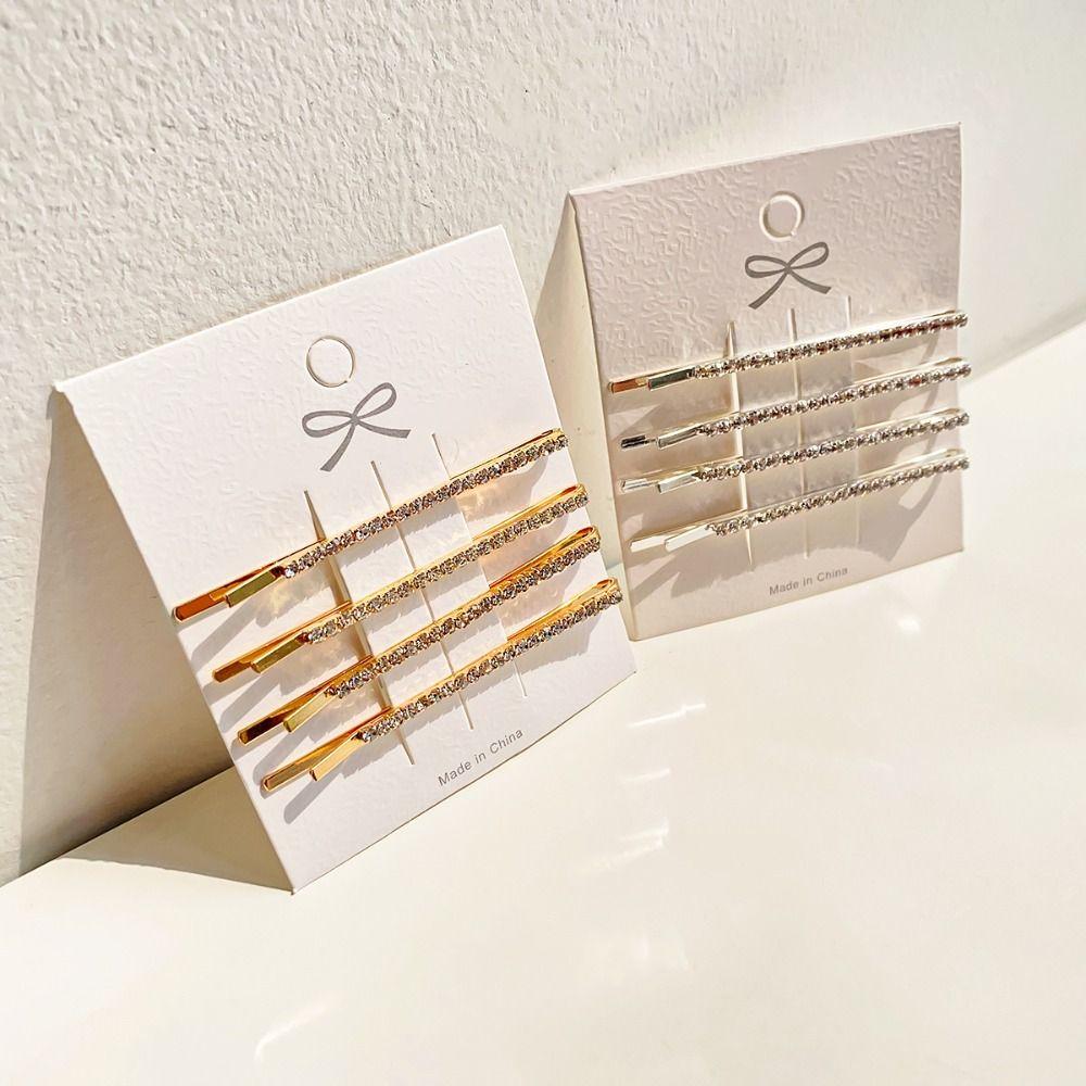 4pcs Silver Rhinestone Hair Clip Set Gold Crystal Barrettes Simple Korean Hairpins Daily