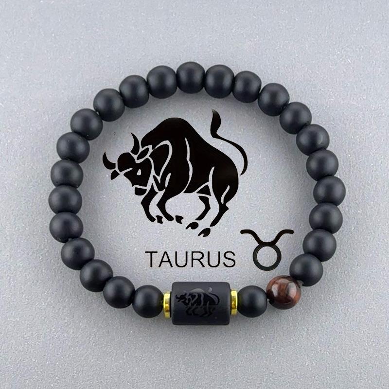 

8mm Zodiac Beaded Bracelets for Men Women Natural Matte Black Onyx Stone Double-Sided Constellation Charm Couple Bracelet
