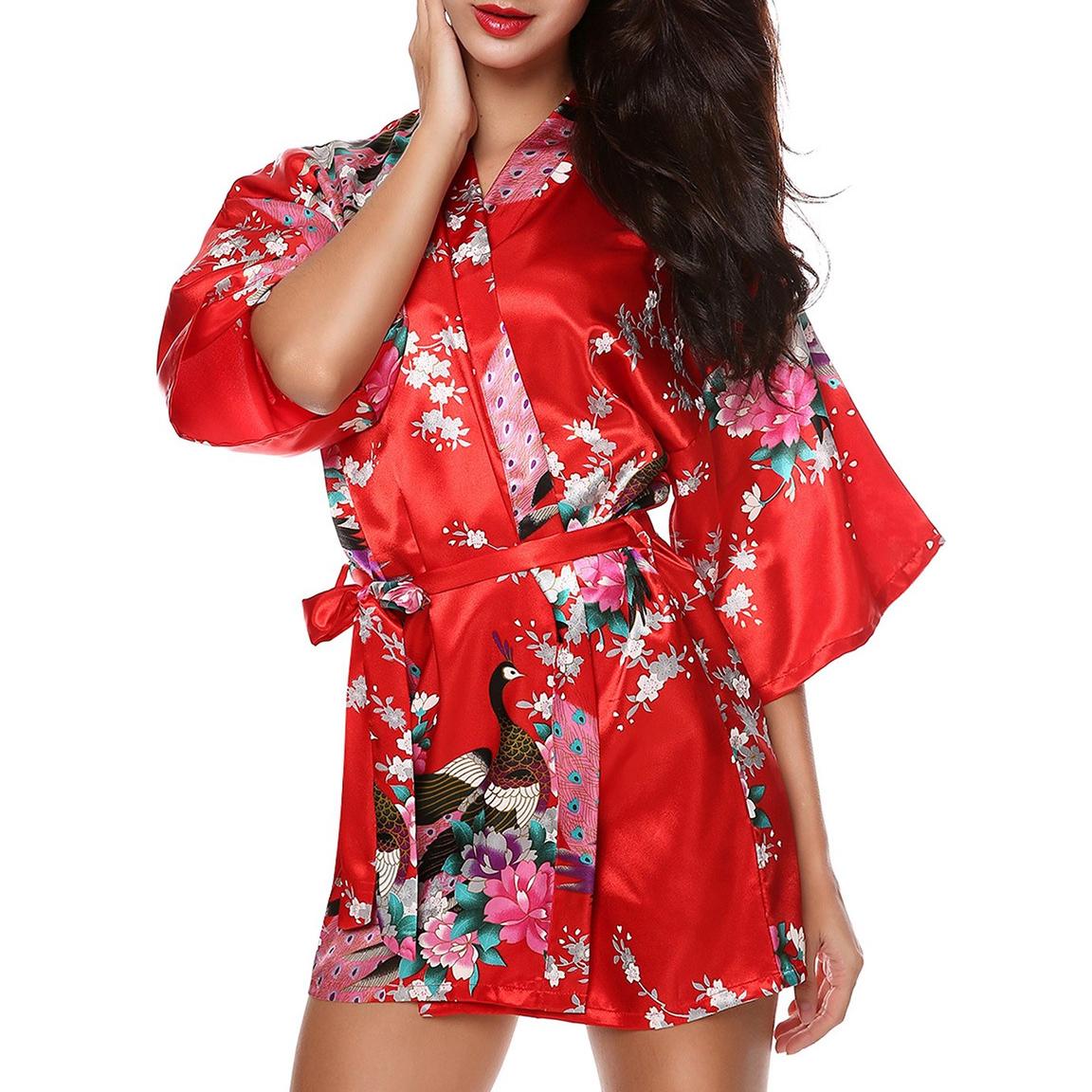 

Шелковый королевский женский халат с цветочным принтом, сексуальное свадебное платье, одежда для сна, ночная рубашка, кимоно, халат L красный