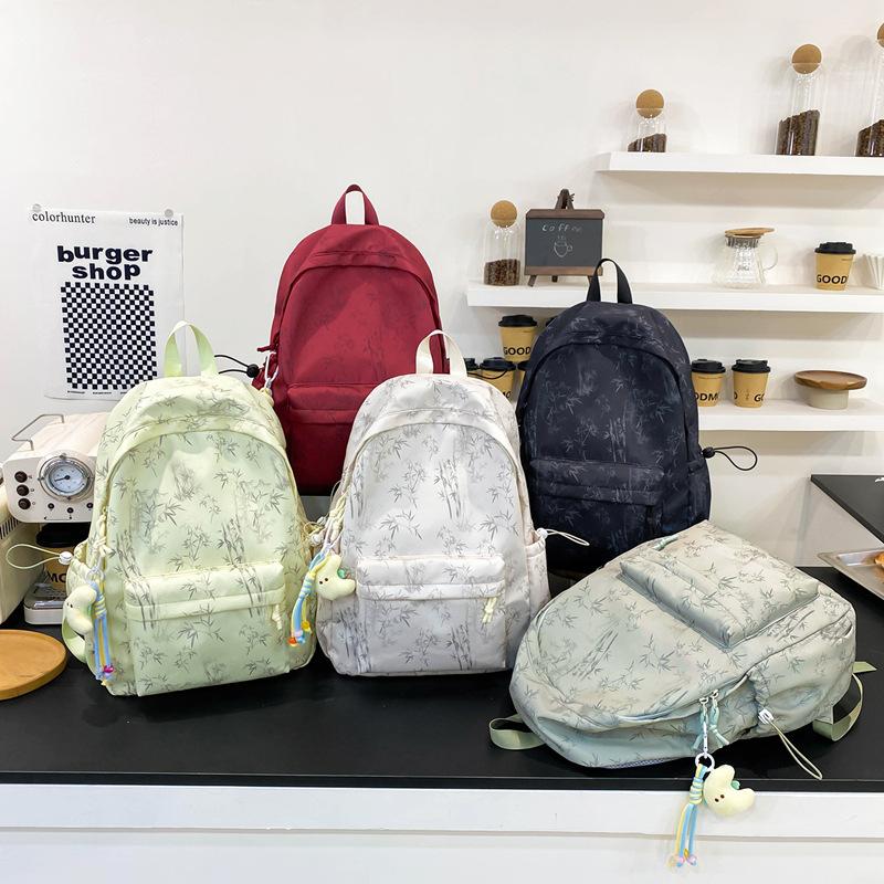 Schoolbag, Korean-style INS new high-value solid color bamboo print backpack, lightweight large-capacity backpack for middle school students
