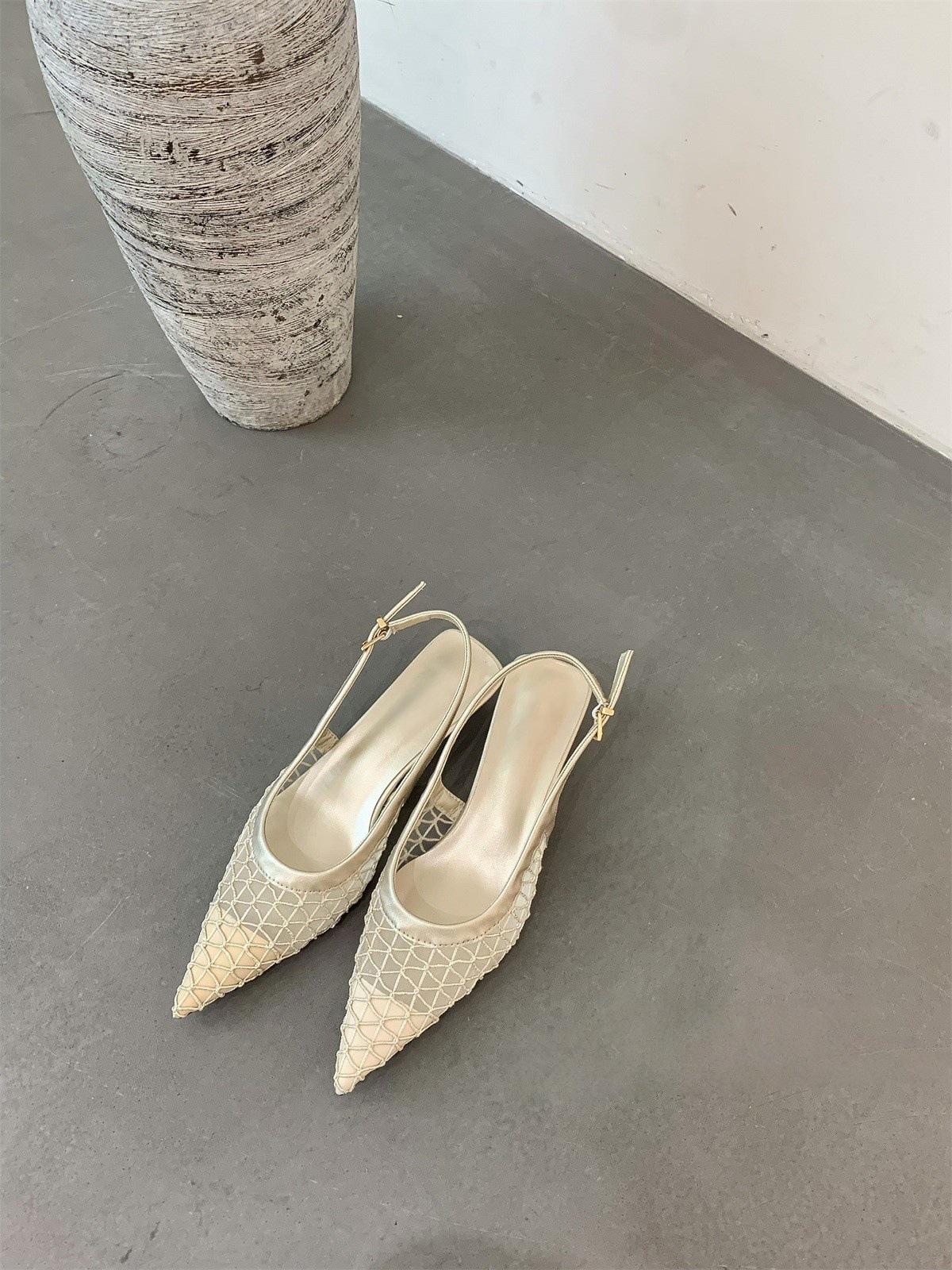 

French kitten heel high heel mesh breathable bag head sandals women s shoes 2025 new summer woven pointed single shoes 35