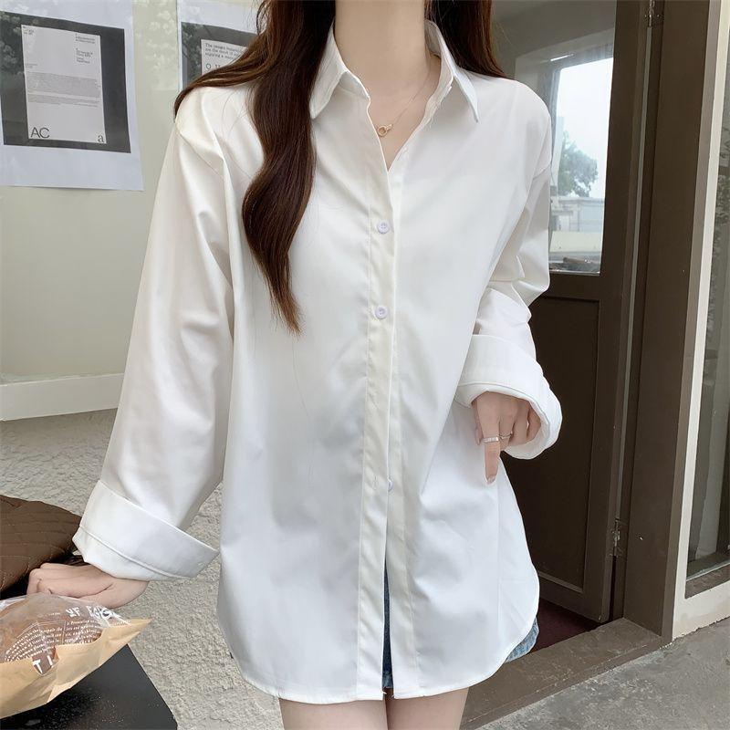 Versatile Loose Fit White Long Sleeve Shirt - Spring/Autumn Korean Style M