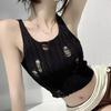 American Hot Girls Sexy Hollow Ripped U-Neck Sleeveless Solid Color Slim Knitted Vest