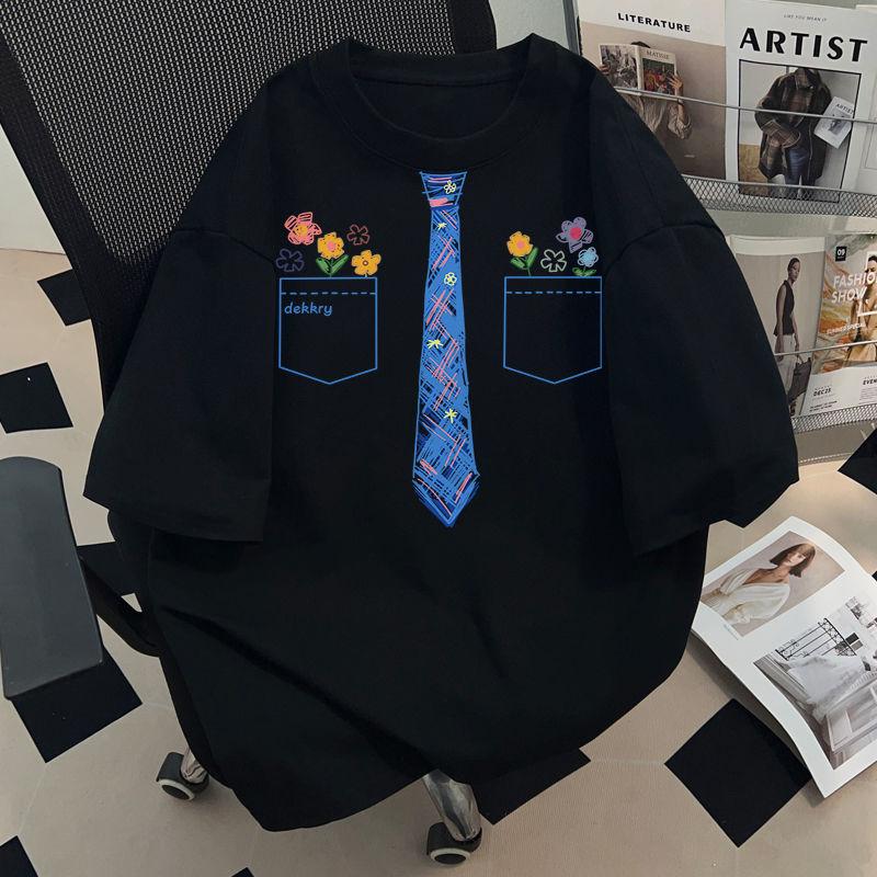 Women's Solid Color Tie Printed T-shirt Summer Short Sleeve Round Neck Pullover Tee American Cotton Lady Casual T-shirts