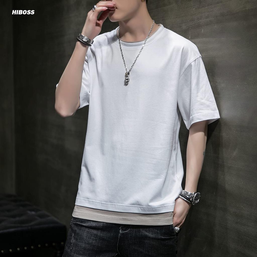 Short Layered Large Loose Summer White XXL [Hiboss] Men's T-shirt, Sleeve, Plain, Style, Size, Fit, 5/8 Sleeve, Men's Clothes,