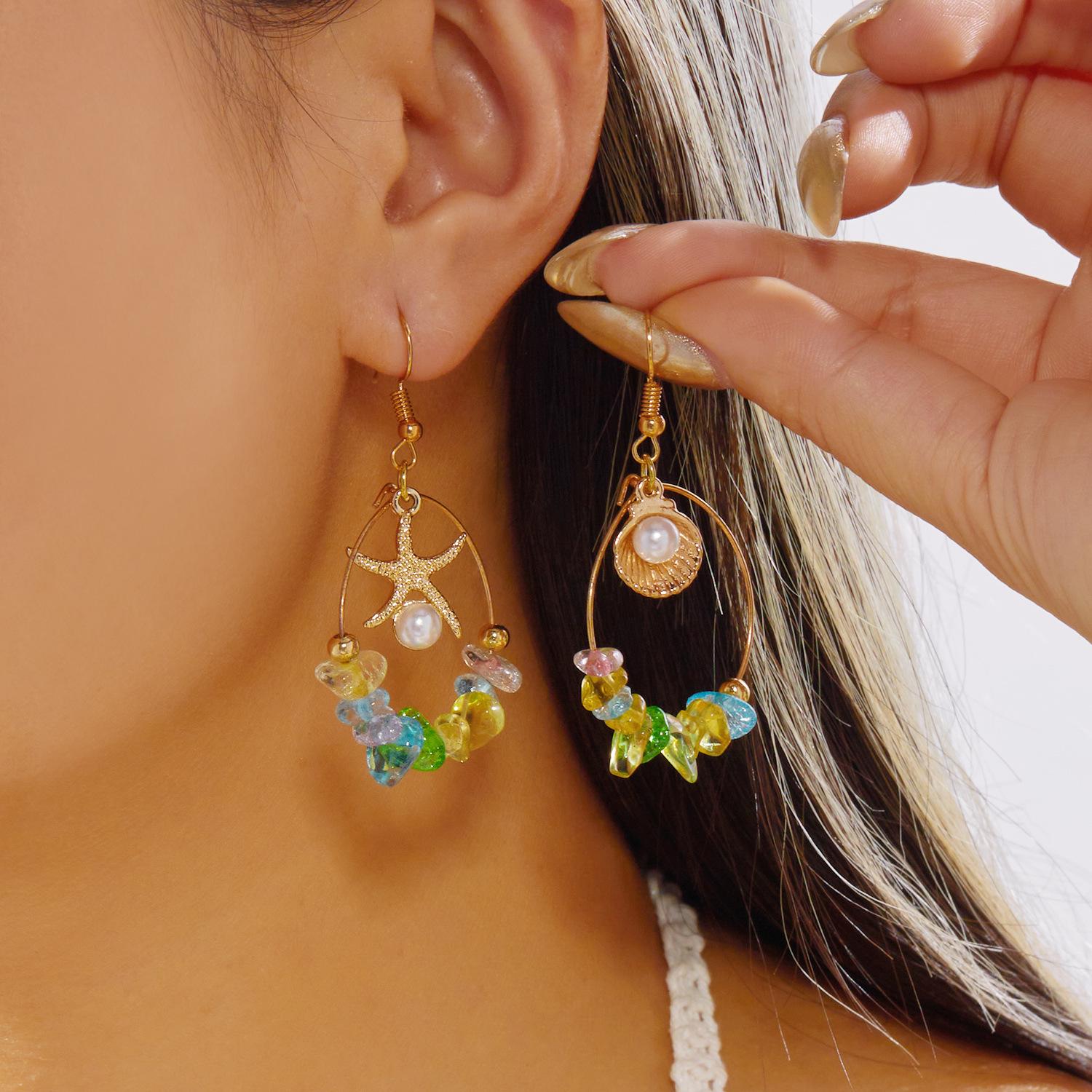 Bohemian Retro Starfish Crushed Stone Pendant Earrings