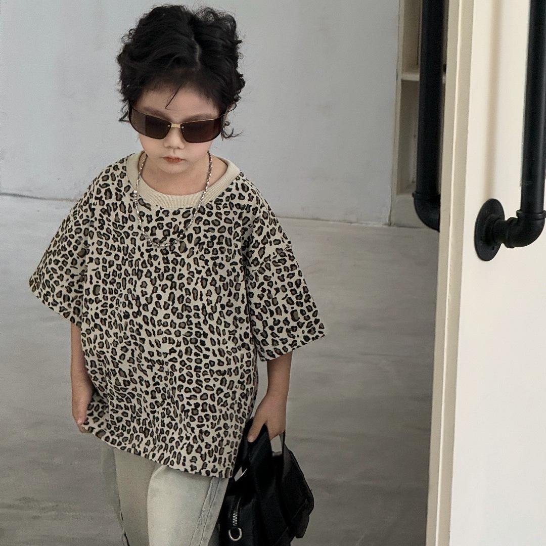 

2025 Summer Fashion Leopard Print Short-Sleeve T-Shirt for Boys and Girls 140cm