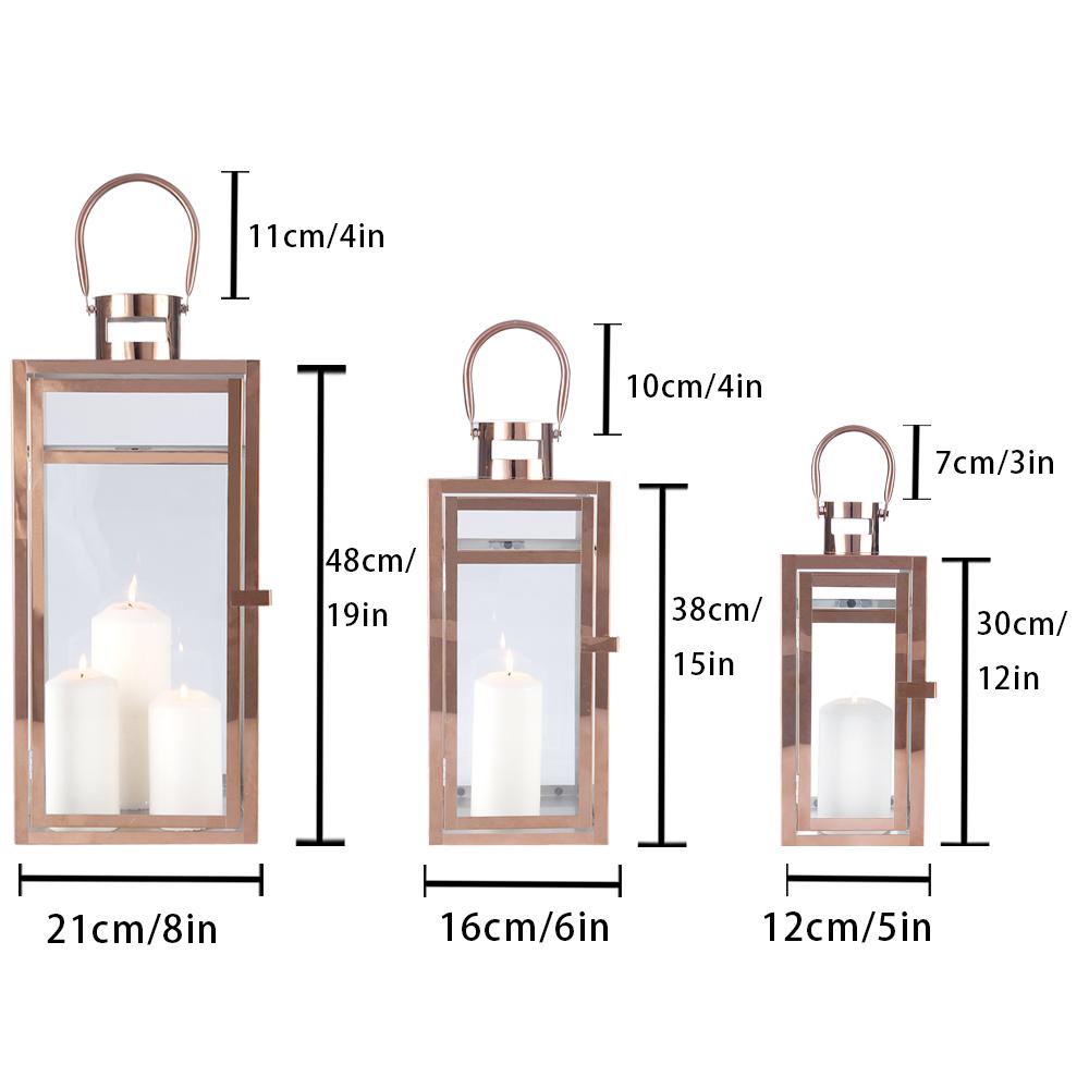 Set of 3 Rose Gold Metal Iron Glass Candle Holders Metal Wind Proof Candle Lanterns for Wedding Decor