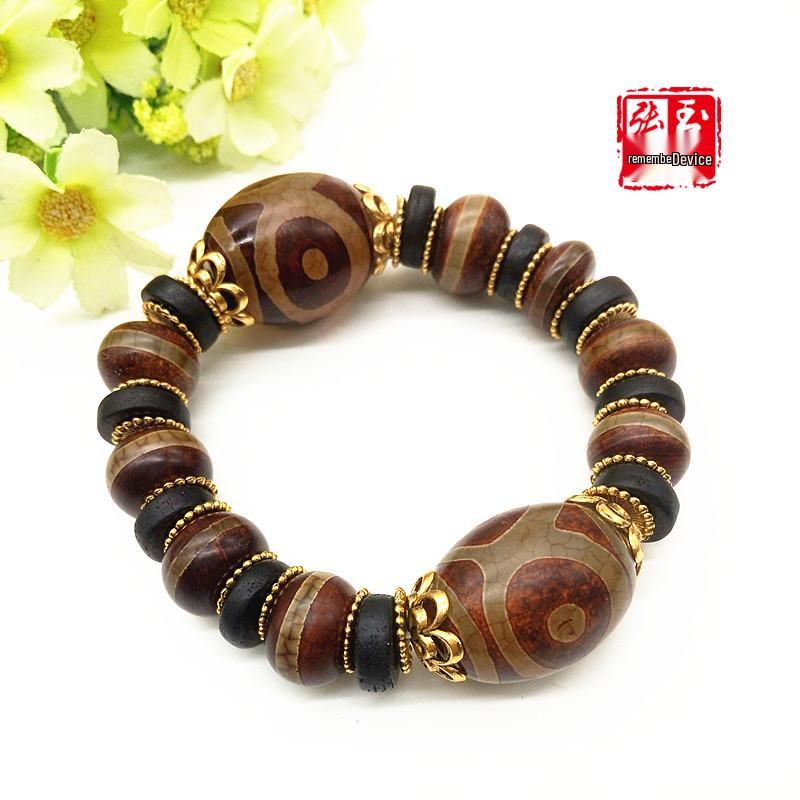 Natural Agate Three-Eyed Dzi Bead Bracelet