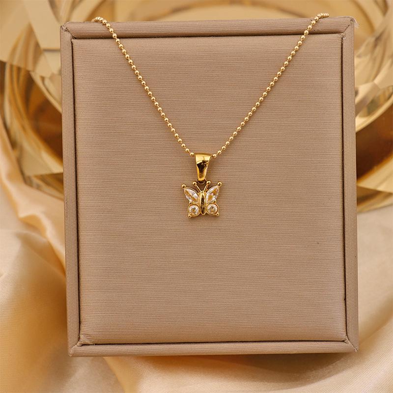 Retro Commuter Christmas Necklace: 18K Plated Titanium Steel with Zircon Inlaid Colorful Butterfly Pendant for Women