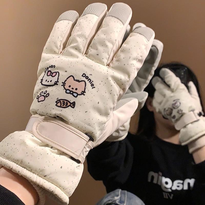 Cute cartoon cat ski gloves female velvet thickened cold-proof riding electric car anti-splashing water