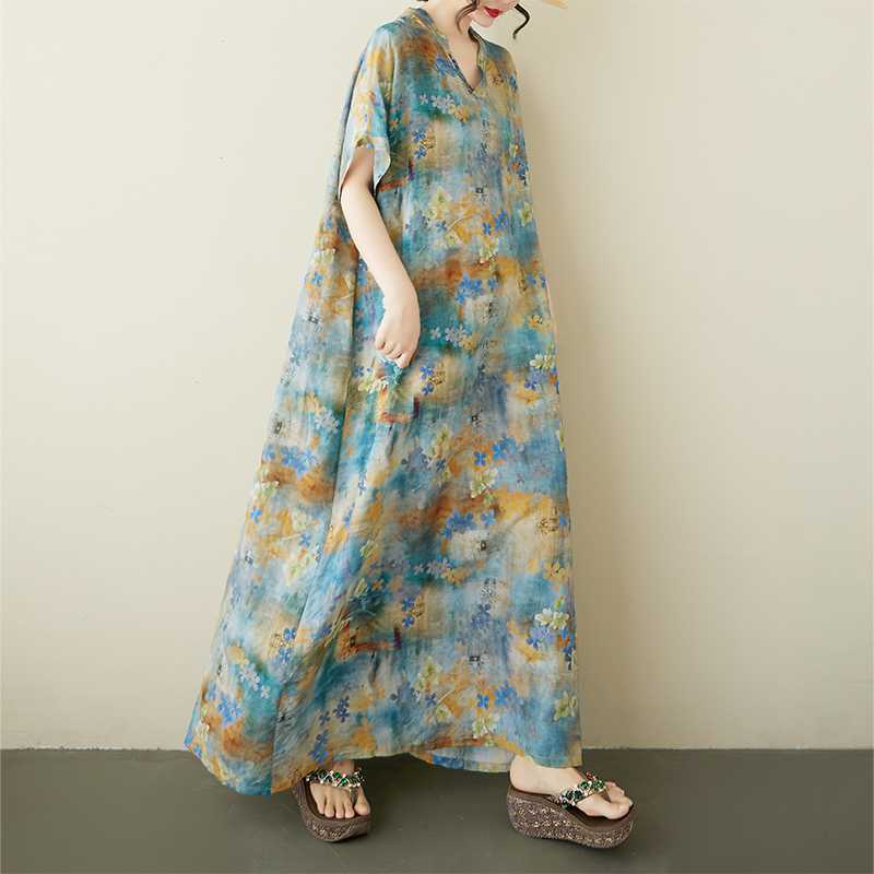 Short Sleeved Linen Cotton Dress, Women's Plus Size Casual Dress