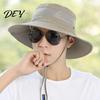 Comfortable Summer Hiking Headwear Mesh Spliced Bucket Hat for Men Women, Extra Wide Brim Sun Adjustable Windproof Mountaineering with Drawstring,