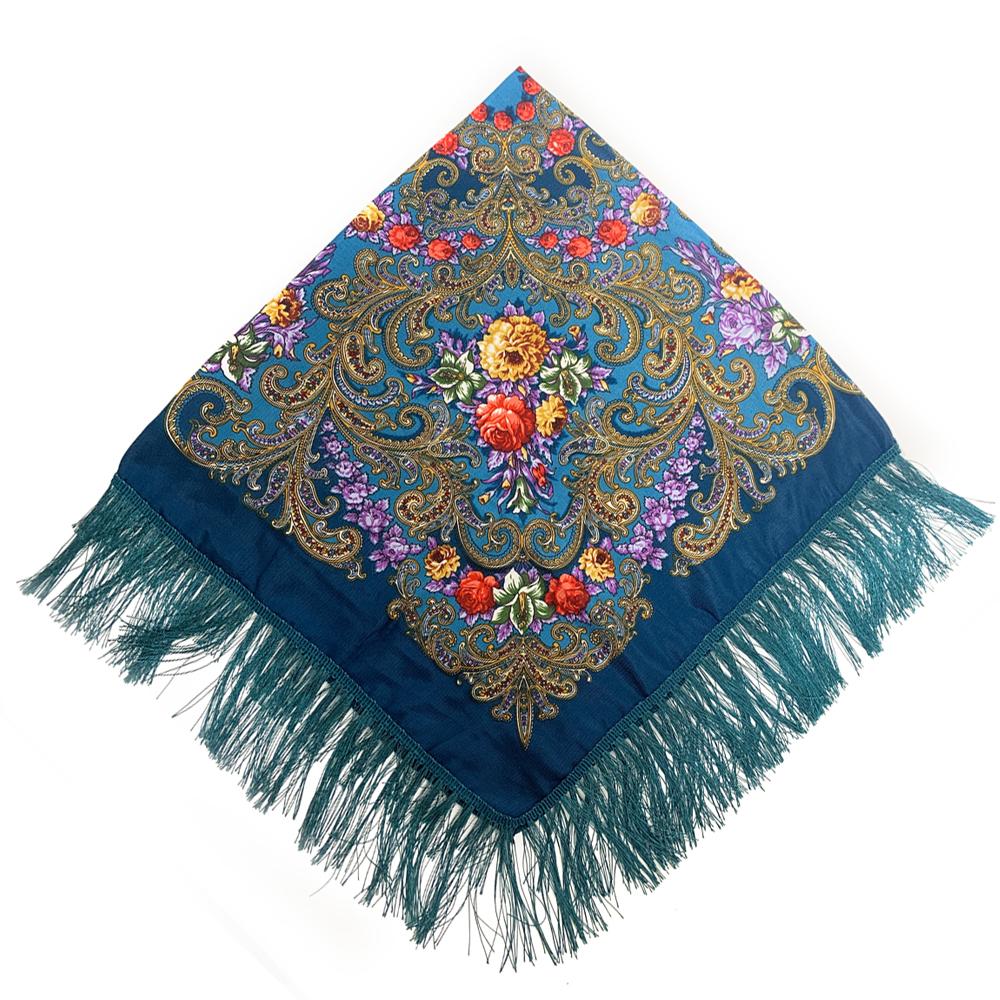 90*90cm Women Russian National Square Scarf Luxury Floral Print Russian Shawls Scarves Female Retro Fringed Foulard Wraps