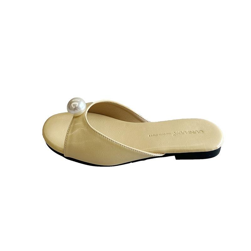 Satin pearl open-toed one-word high heels female spring and summer new fairy temperament thin heel cool slippers