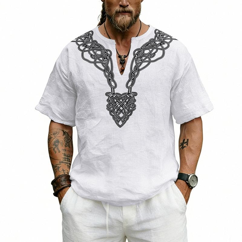 Men American Style Loose V Neck Knot Pattern Printed Casual Short Sleeve T Shirt S белый