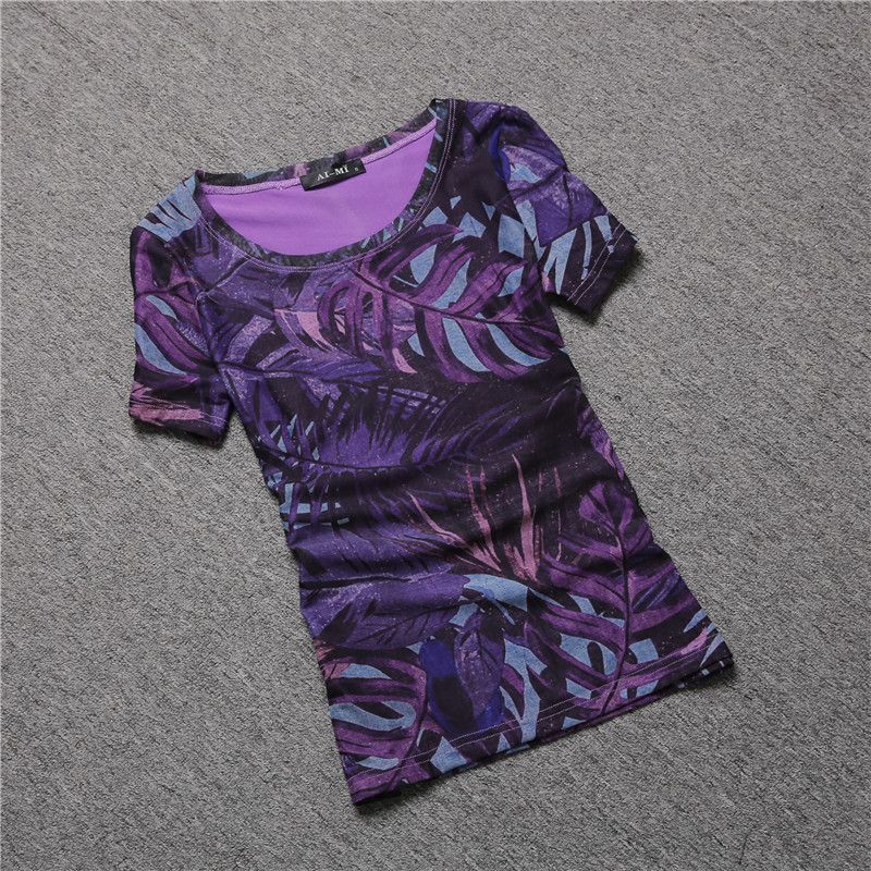 

European Station Spring and Summer Floral Mesh Plus Size Short Sleeve T-Shirt Purple S
