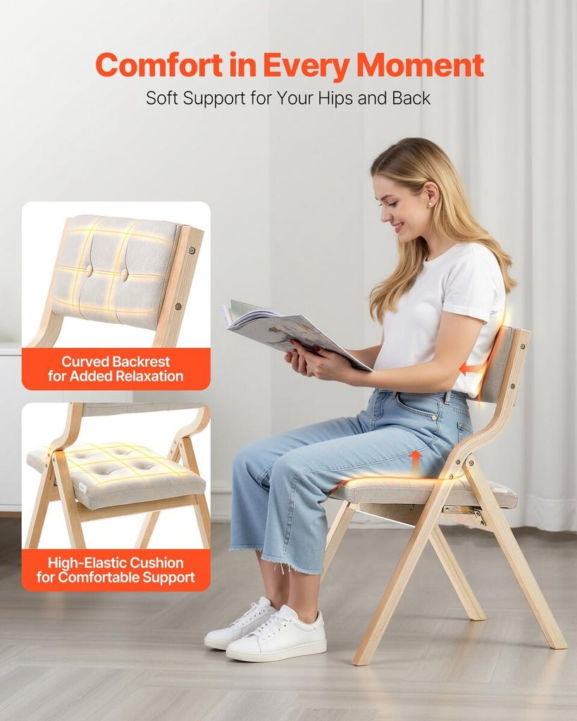 Wooden Folding Chairs with Padded Cushion and Wooden Frame Beige Set of 2