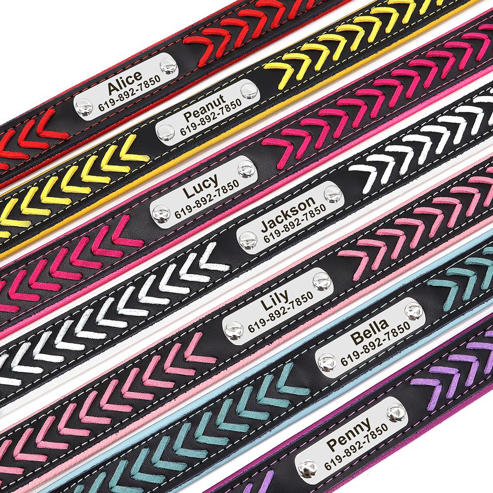 Personalized PU Leather Dog Collar Custom Braided Dog Collars Padded Pet Necklace Free Engraving for Small Medium Large Dogs Pug