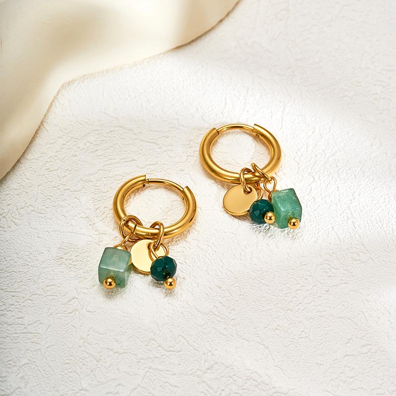 18K Gold Plated Stainless Steel Hoop Earrings for Women Vintage Green Natural Stone Charms Trendy Waterproof Jewelry