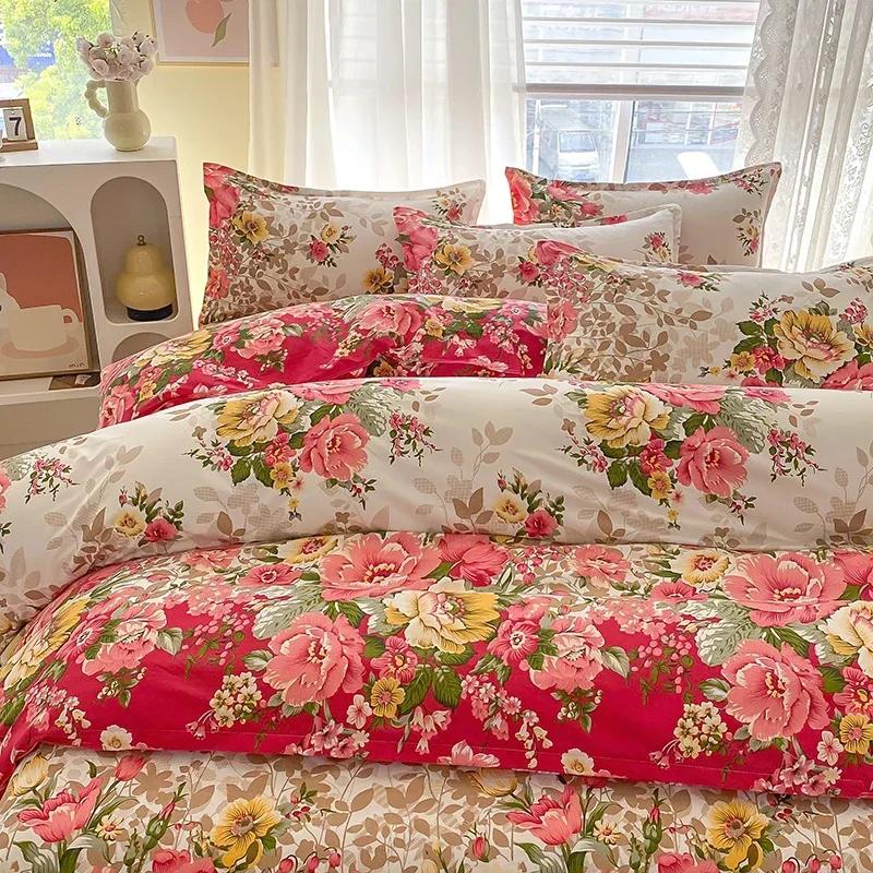 Romantic Peony Floral Duvet Cover Set Reversible Shabby Flower Comforter Cover with 2 Pillowcase Vintage Farmhouse Bedding Set