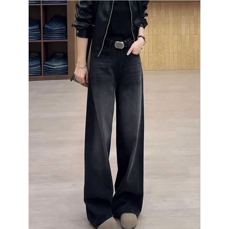 Black narrow straight jeans women's autumn and winter new velvet and thin loose pear-shaped body wide-leg trousers