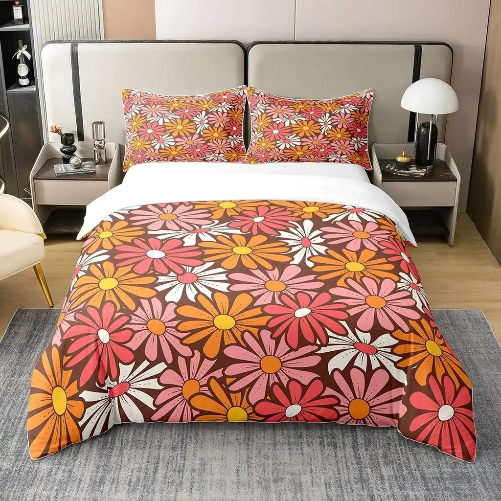 Comforter Vintage Floral Retro Polyester Comforter Colorful Daisy Bedding Set With 2 Pillow Sham Full Size 3 Pieces