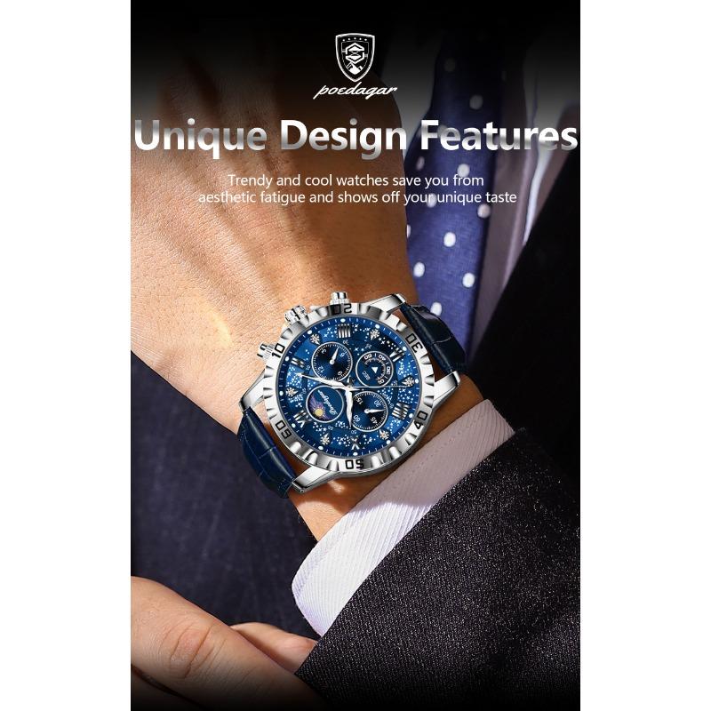 POEDAGAR Original Military Man Wristwatch Waterproof Luminous Chronograph Leather Strap Watches for Men Quartz Watch Reloj