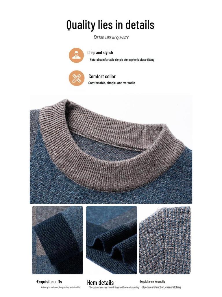 Men's 100% Wool Round Neck Sweater - 2025 Winter Fashion, Thickened Warm Base Layer for Young and Middle-Aged.
