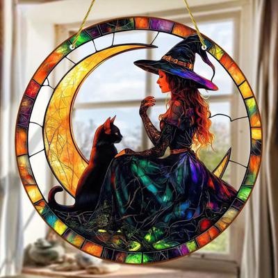 Décoration à Suspendre Sorcière Yousheng Acrylique Teinté 2D Attrape-Soleil Ornement Sorcière sur la Lune pour Maison Pièce Fenêtres Murs Jardins Voitures