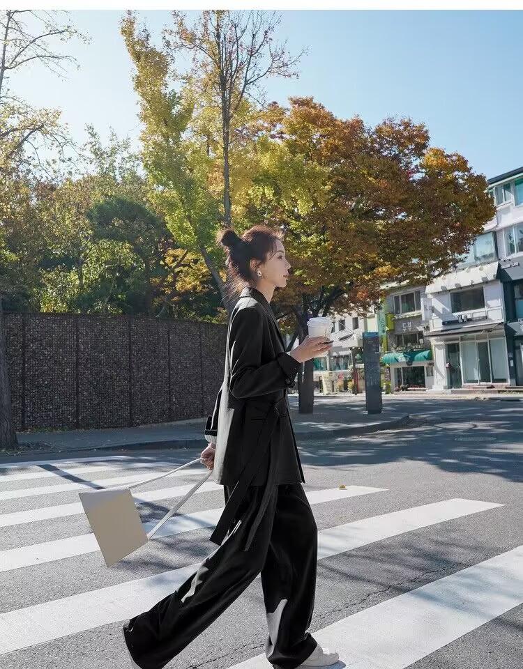Women's Spring & Autumn Loose Fit Blazer and Wide-Leg Pants Set