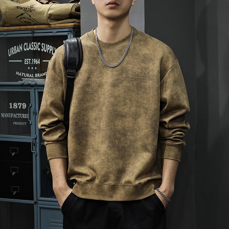 

Осенний тяжелый ретро-свитер с принтом, мужская американская модная брендовая свободная рубашка с длинными рукавами и круглым вырезом большого размера M хаки