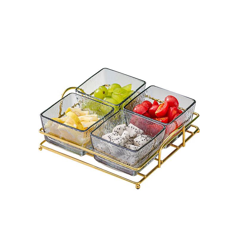 Huihuang Nordic Hammered Glass Divided Serving Dish with Gold Stand & Lid