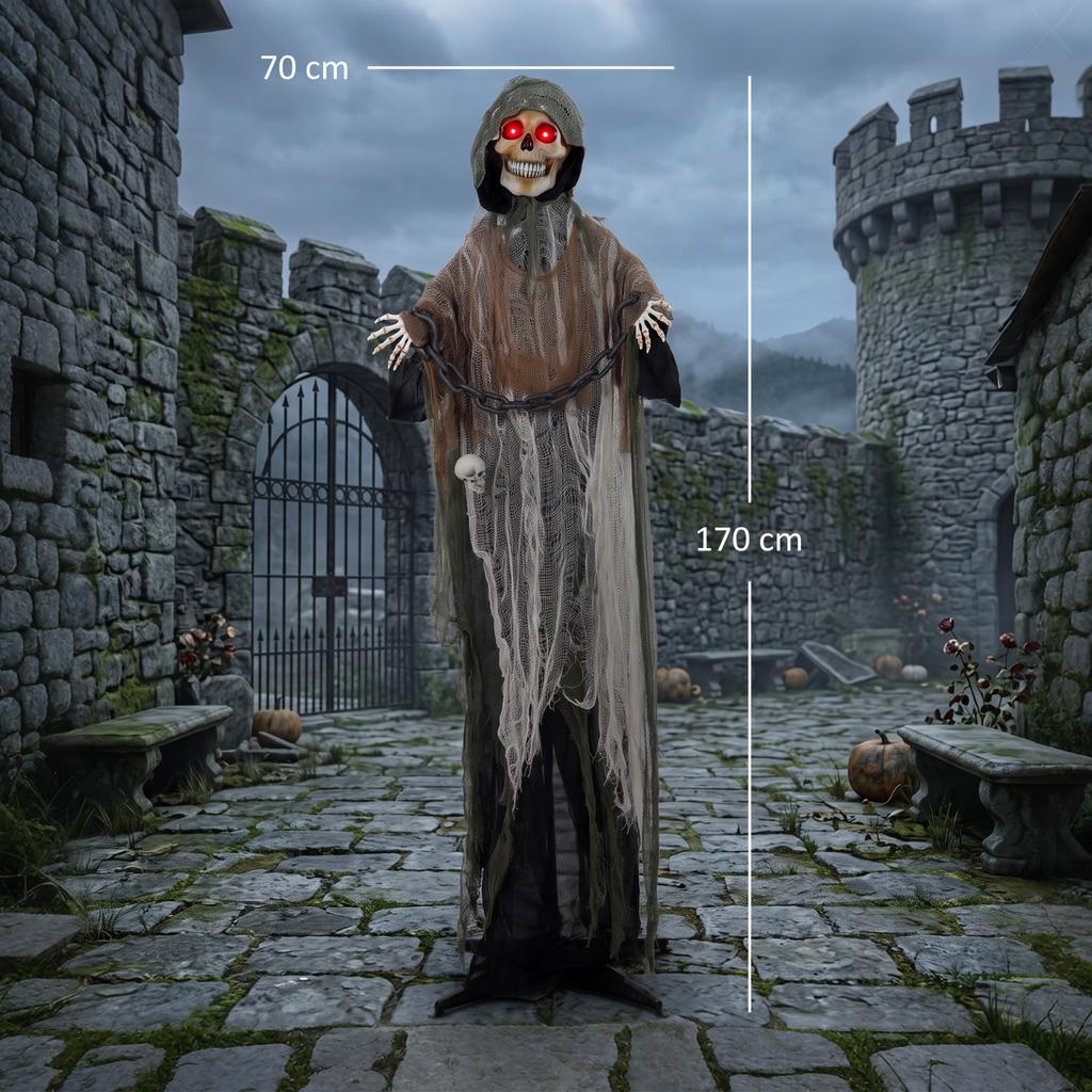 170cm Animated Grim Reaper, Life-Size Halloween Animatronic with Moving Hands/Head, Glowing Eyes, Creepy Sound