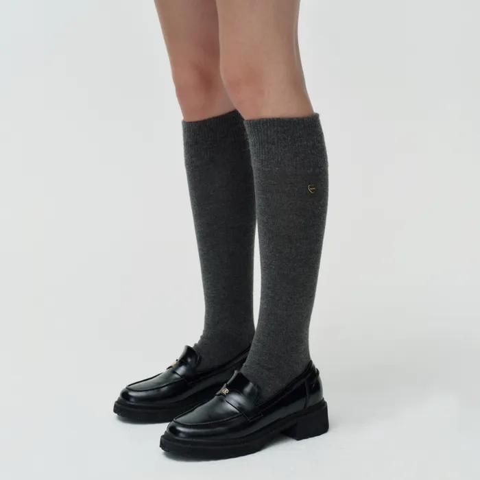 Heart Charm Wool Knee Socks - Charcoal