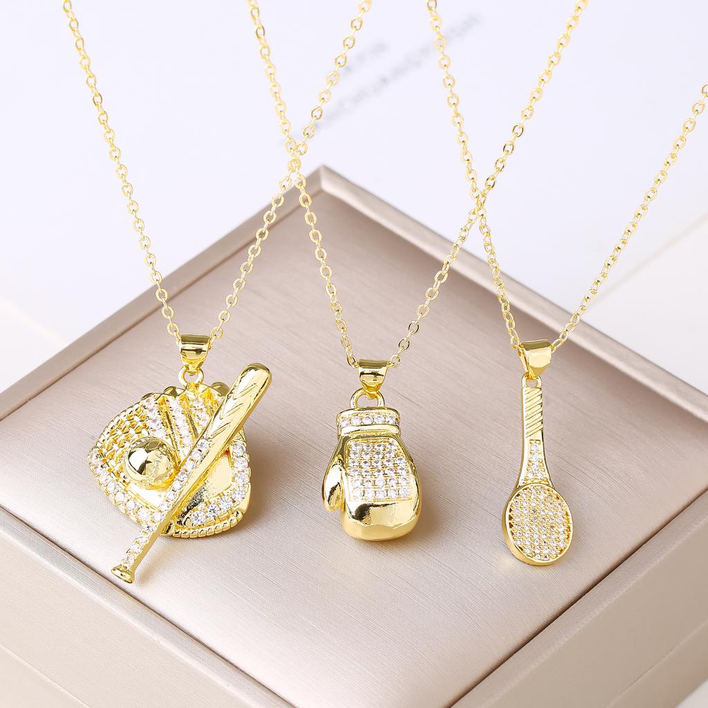 Fashion Baseball Tennis Racket Boxing Gloves Zircon Pendant Necklace for Men Women Sports Party Jewelry Birthday Gift