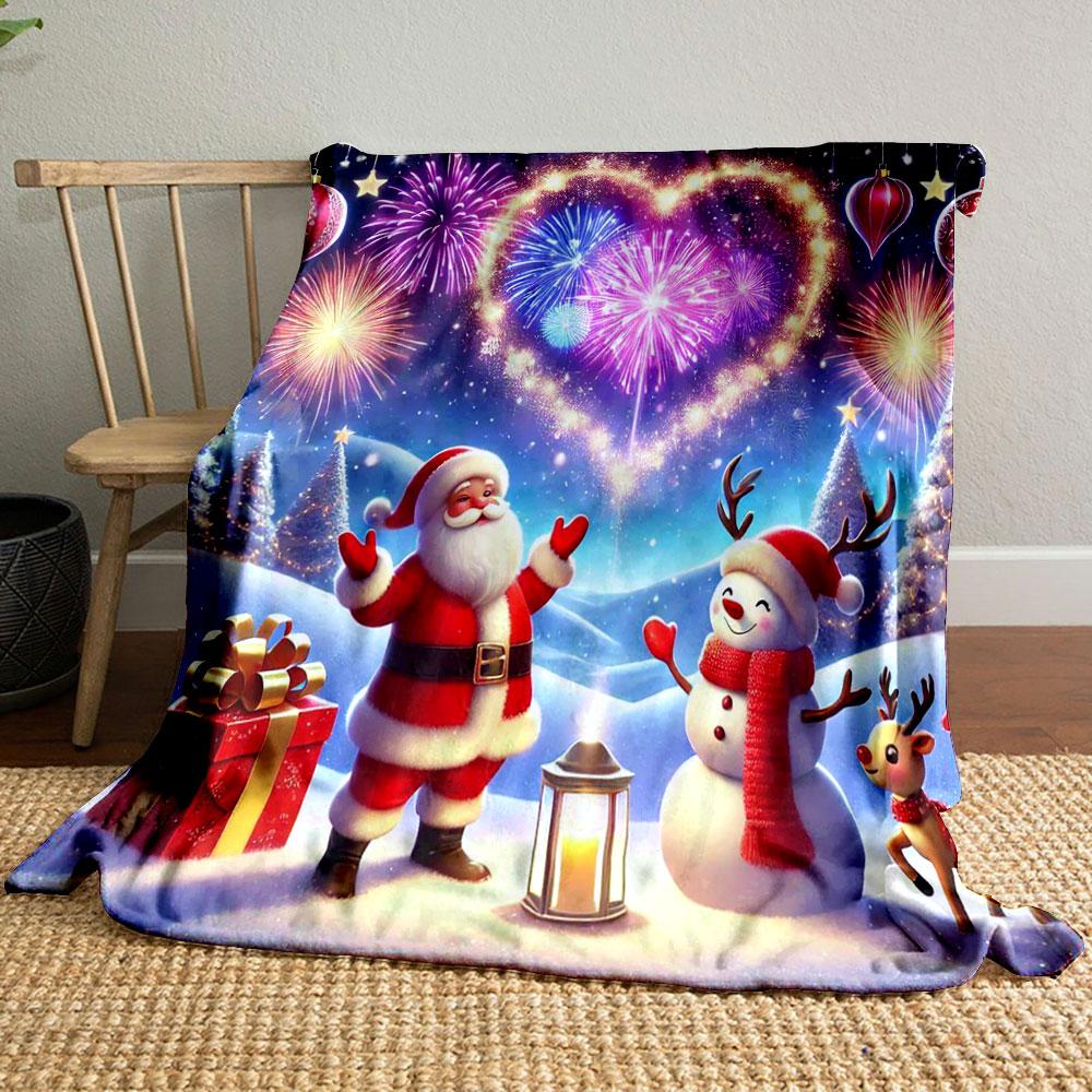 Santa and Snowman with Festive Fireworks Print Blanket Soft and Cozy Perfect for the Living Room Bed Sofa or a Nap,gift