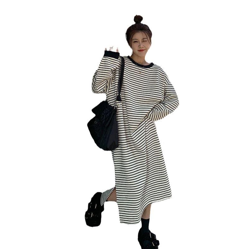 Dress Women's Autumn and Winter New Hem Split Stripes Long Sleeves Loose and Thin