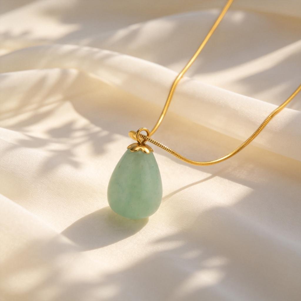 Pink Crystal Water Drop Pendant Necklace for Women, Stainless Steel Natural Green Stone Necklace, Vintage Fashion Jewelry Gift