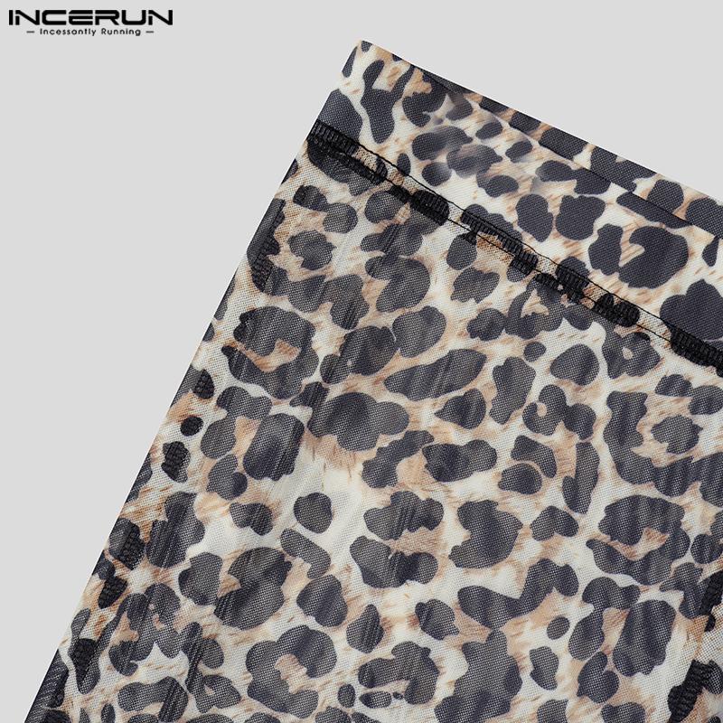INCERUN Zweiteiliges Sommer-Set für Herren aus transparentem Netzstoff mit Leopardenmuster, durchsichtige Hose, Club-Outfit