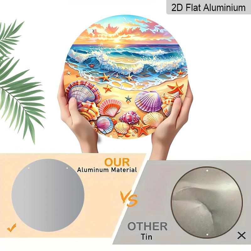 2D Flat, 1pc Round Aluminum Wall Art Plaque - Starfish and Seashell Coastal Decor, Vibrant Wave Patterns, Weather-Resistant Indoor/Outdoor Home or