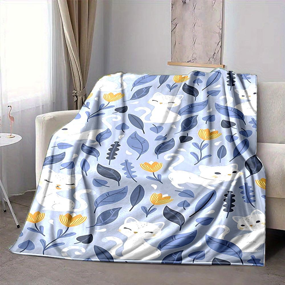 1pc Cats Flowers Lightweight Flannel Blanket, Comfortable and Warm Blanket, for Office and Camping Sofa Bed, Livingroom147