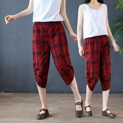 Spring Summer Thin Linen-Cotton Literary Retro Seven-Point Ankle-Cuffed Slouchy Pants Women Plaid Plus Size Casual Loose Carrot Mid-Trousers